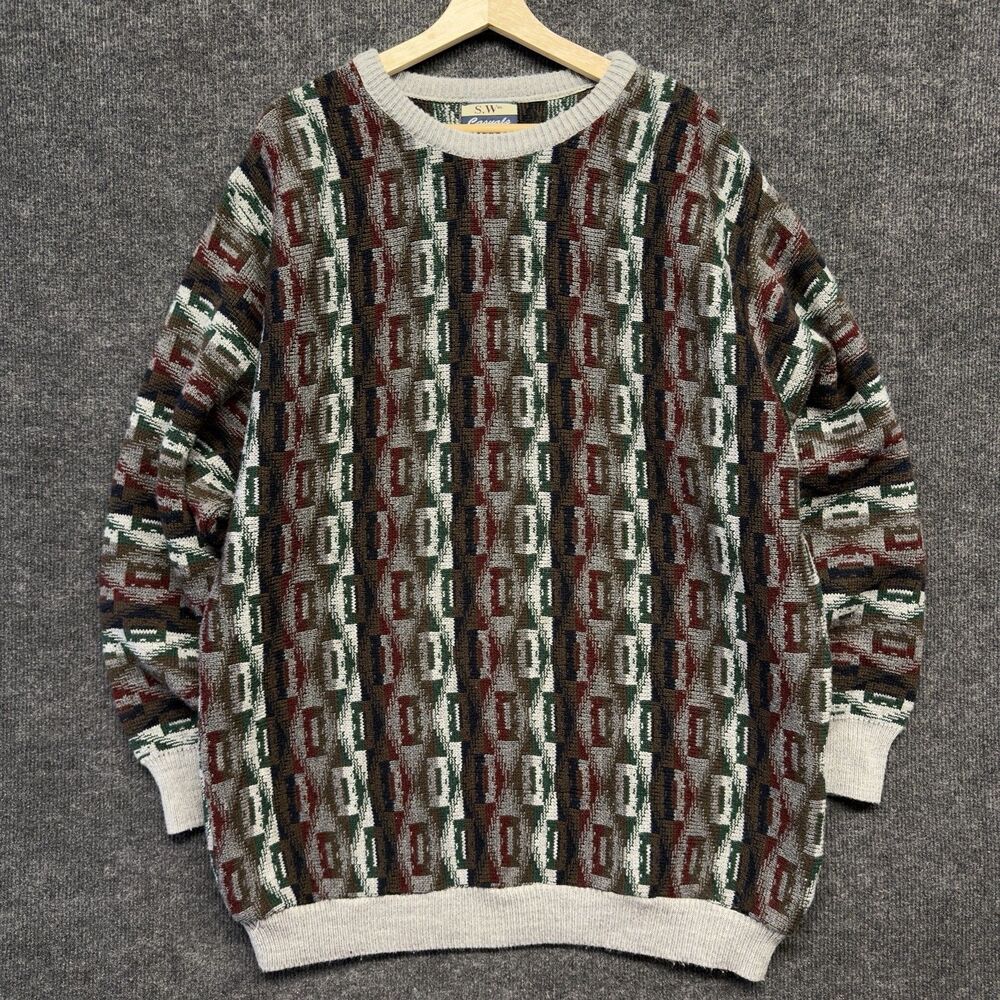 VTG 90s S.W. Casuals Tall Man Geometric Knit Sweater 3XLT Coogi Style Aztec - Picture 2 of 11